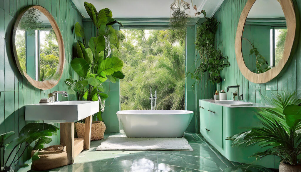 A compact bathroom with a narrow layout was brightened up with a pale green paint color, reminiscent of a lush garden oasis. Large mirrors and strategically placed lighting fixtures amplified the natural light, making the room feel airy and inviting.