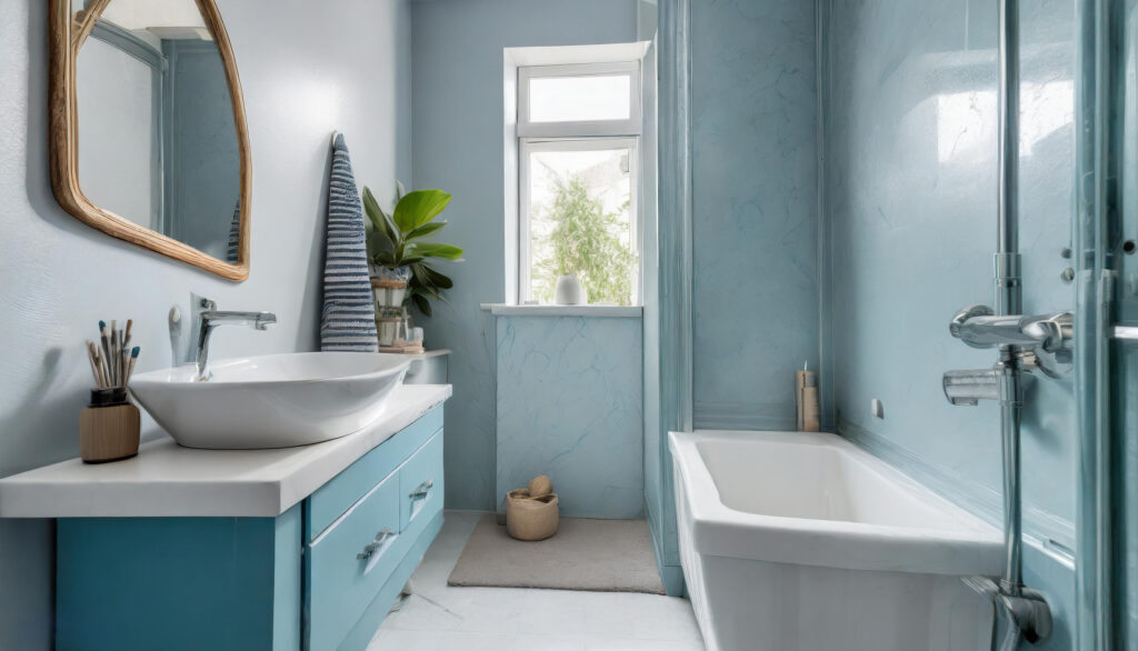 A small bathroom with limited natural light was revitalized with a soft blue paint color, creating a serene and spa-like retreat. Mirrored surfaces and minimalist decor further enhanced the sense of space and tranquility.